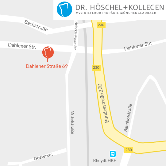Link zu Google Maps: Mönchengladbach-Rheydt, Dahlener Straße 69-73, MVZ Kieferorthopädie Dr. Höschel & Kollegen GmbH
